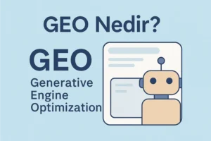 GEO optimizasyonunu anlatan dijital harita ve yapay zeka ikonlarını içeren illüstrasyon